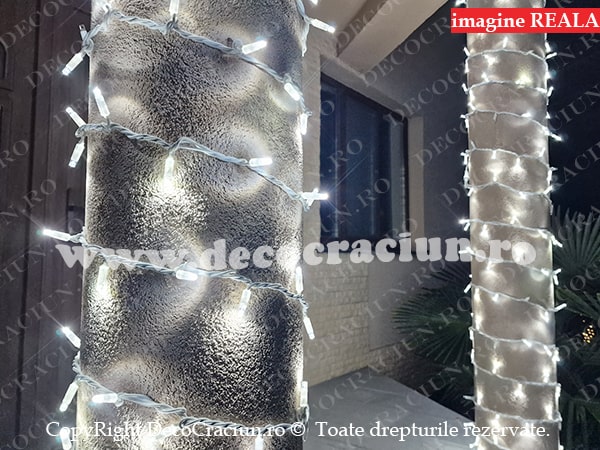 Instalatie Craciun exterior leduri alb rece 10m lungime cablu alb cauciucat